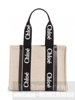 Chloe Medium Woody Logo Strap Canvas Tote Black