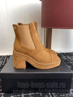 Chanel Suede Heel Platform with Chain Brown Ankle Boots