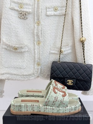 Chanel Tweed CC Logo Slide Mule Green 2025