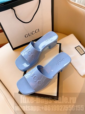 GUCCI HEEL 5.5CM PLATFORM 2.5CM EMBOSSED LOGO RUBBER SLIDE SANDALS SKY BLUE