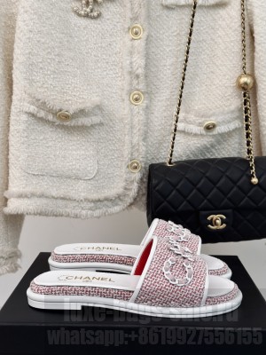 Chanel CC Chain Logo Fabric Slide Mule 2024 Pink