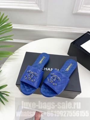 Chanel Quilted Lambskin Flat Slide Sandals with Chain CC 2023 Blue