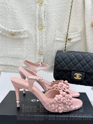 Chanel Lambskin Heel slingbacks Sandal 8cm with Camellia Bloom Pink 2025