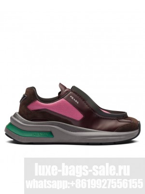 Prada Unisex Systeme Brushed Leather Sneakers With Bike Fabric And Suede Elements Pink