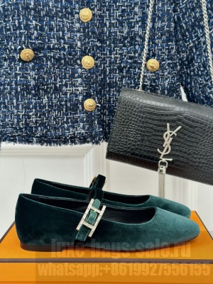 Hermes Jane ballet velvet flat green