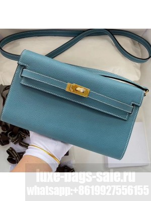 Hermes Kelly Long To Go Wallet in Original Epsom Leather Cyan/Gold 2020 Collection