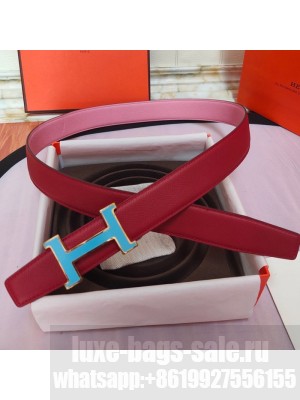 Hermes Leather Reversible Belt 32mm with H Buckle Red/Silver 2019  Collection