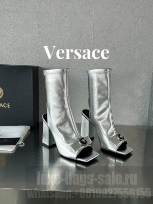 Versace Gianni Ribbon Open Ankle Boots 10.5cm in Strentch Leather Silver