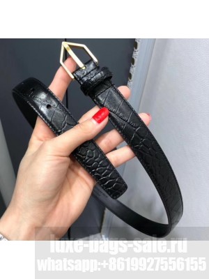Saint Laurent Width 2.5cm Belt With Triangle Buckle In Crocodile Embossed Leather Black/Gold