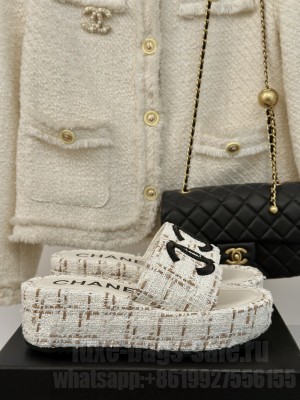 Chanel Beige Tweed Platform Slide Mule 