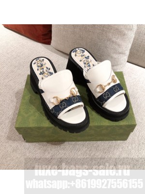 Gucci Leather and GG Canvas Mid-heel Slide Sandal with Horsebit White/Blue 2021 07 Collection