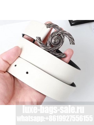 Chanel Width 3cm Braided CC Logo Buckle Leather Belt White