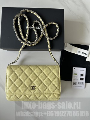 Chanel Caviar Leather & Silver-Tone Metal Wallet On Chain WOC Bag A33814 Yellow