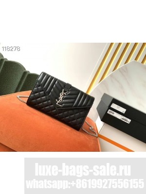 SAINT LAURENT MONOGRAM CHAIN WALLET IN MIX MATELASSE GRAIN DE POUDRE EMBOSSED LEATHER 620280 BLACK&SILVER
