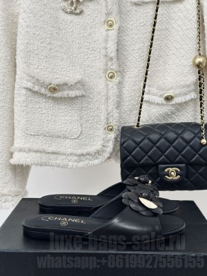 Chanel Lambskin Camellia Bloom Flat Slide Black