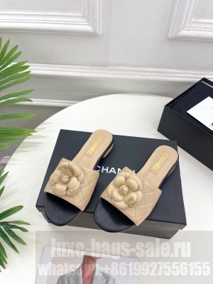 Chanel Camellia Bloom Flat Slide Sandals 2023 Beige