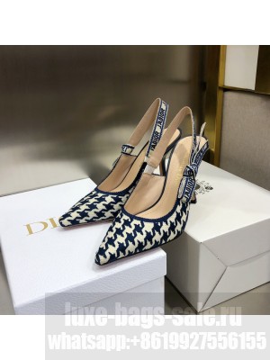 Dior J'Adior Slingback Pumps 9.5cm in Cotton Embroidery with Micro Houndstooth Deep Blue/White 2022 Collection