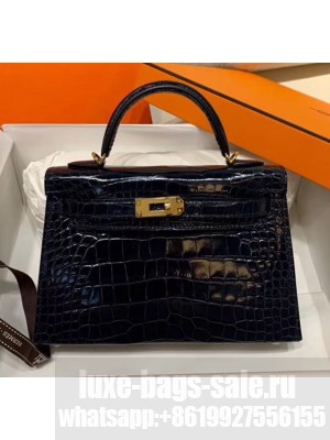 Hermes Mini Kelly II Handbag in Glossy Real Alligator Leather Deep Blue (Handmade) Collection