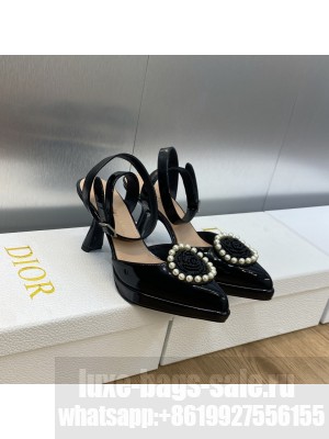 DIOR ROSE PUMP Black Patent Calfskin and White Resin Pearls