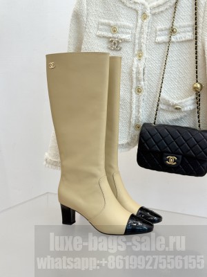 Chanel Calfskin Heel High Boots beige
