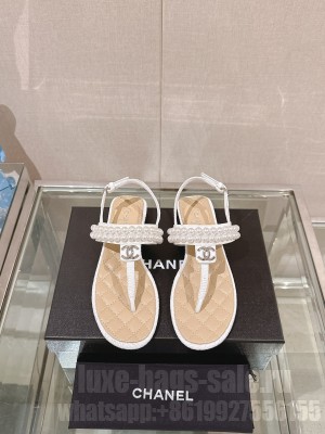 Chanel Grosgrain Pearl CC Thong Sandals White/Beige