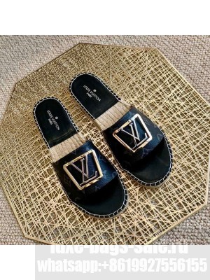 Louis Vuitton Monogram Canvas Espadrille Slide Sandals with Square LV Buckle Black 2021 Collection