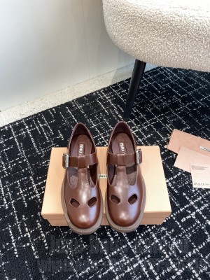 Miu Miu Leather T-Bar Loafer Brown