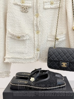 Chanel Lace Camellia Flat Mules with chain black 2025