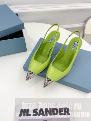 Prada Brush Leather Slingback Pumps 7.5cm with Metal Logo 2022 Collection,Green