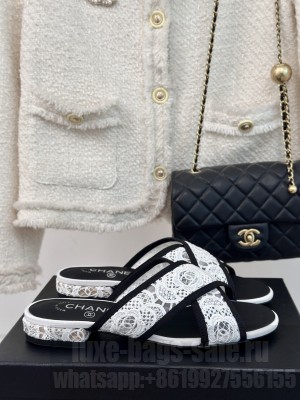 Chanel Mesh Lace Camellia Cross Slide White