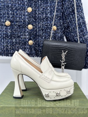 Gucci Leather Platform Pumps 11cm with G Studs White 2023 
