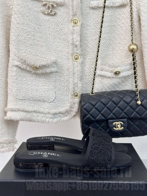 Chanel Mesh Lace Camellia Slide Black