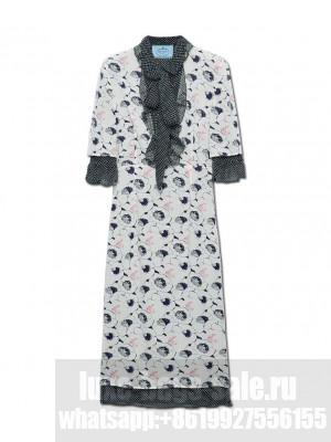 Prada Women's Printed Georgette Ruffled Dress Cream