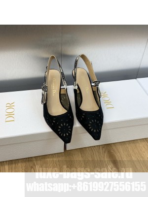 Dior J'Adior Slingback 6.5cm Pump in Black Canvas Embroidered with Saint-Gall Motif 2023