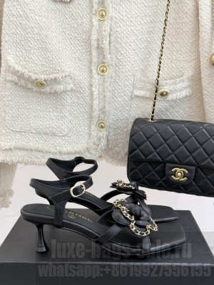 Chanel Lambskin With Camellia Chain 7.5cm Sandals Black 2025
