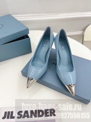 Prada Brush Leather Pumps 7.5cm with Metal Logo 2022 Collection,Blue