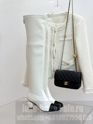 Chanel Stretch Lambskin & Patent Calfskin Heeled Over-the-Knee Boots White