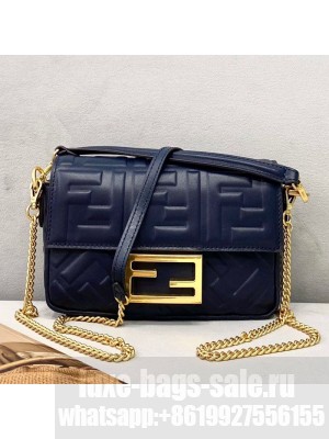 Fendi Baguette Mini FF Logo Lambskin Flap Bag Navy Blue  2021 Collection