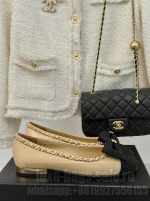 Chanel Women's Chain Around And Bow Lambskin & Grosgrain Beige Flat