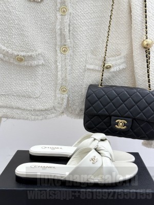Chanel Lambskin Flat Thong Slide Sandals with Bow White 2025