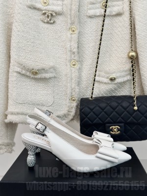 Chanel Crystal Slingbacks Calfskin Pumps White