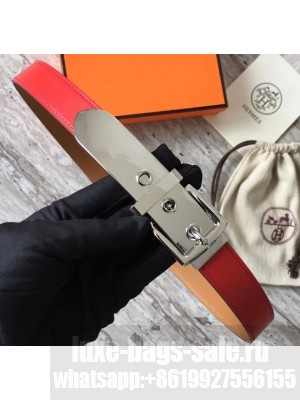 Hermes Square Buckle Leather Belt Red/Silver