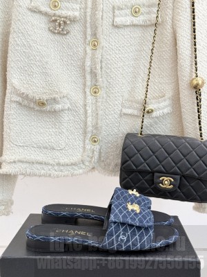 Chanel Quilted Denim Flat Slides Sandal with Foldover G45474 Navy 2025 