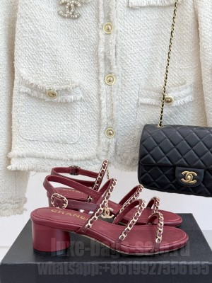 Chanel Lambskin Heel Sandals with Chain Strap Burgundy 2025 G45667