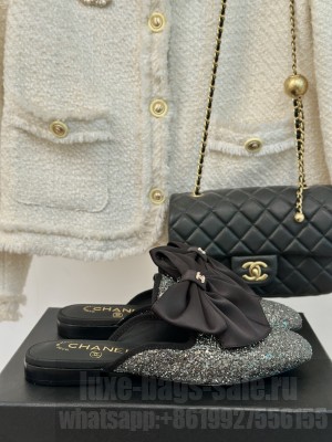 Chanel Sequins Flat Mules with Maxi Bow Black 2024