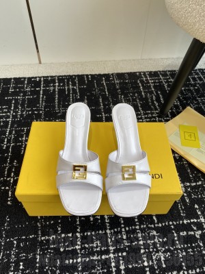 Fendi FFold medium-heeled slide sandals 6cm in Calfskin White