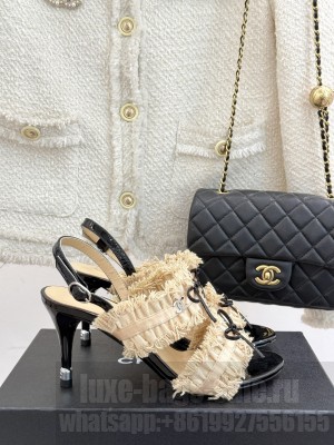 Chanel Fabric Trim Bow Heel 8cm Sandals 2025 Beige