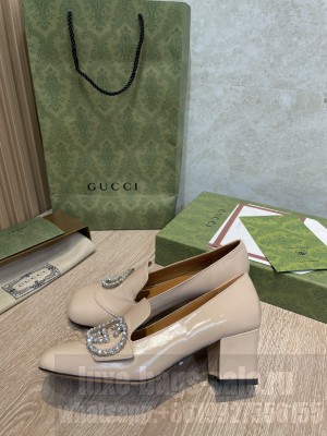 Gucci Leather Loafer Pumps 5cm with Crystal Double G Beige 2022 Collection
