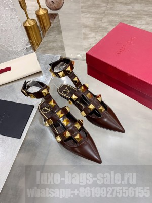 Valentino Garavani Roman Stud ballet flat in calfskin with straps Coffee