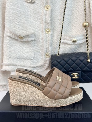 Chanel Quilted Lambskin Wedge Slides Sandal 8cm Khaki 2024 